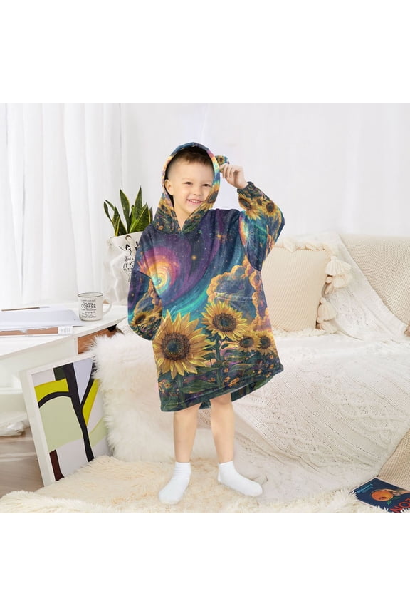 Kids Wearable Blanket Hoodie Warm and Cozy Galactic Sunflower Symphony Flannel Sweatshirt