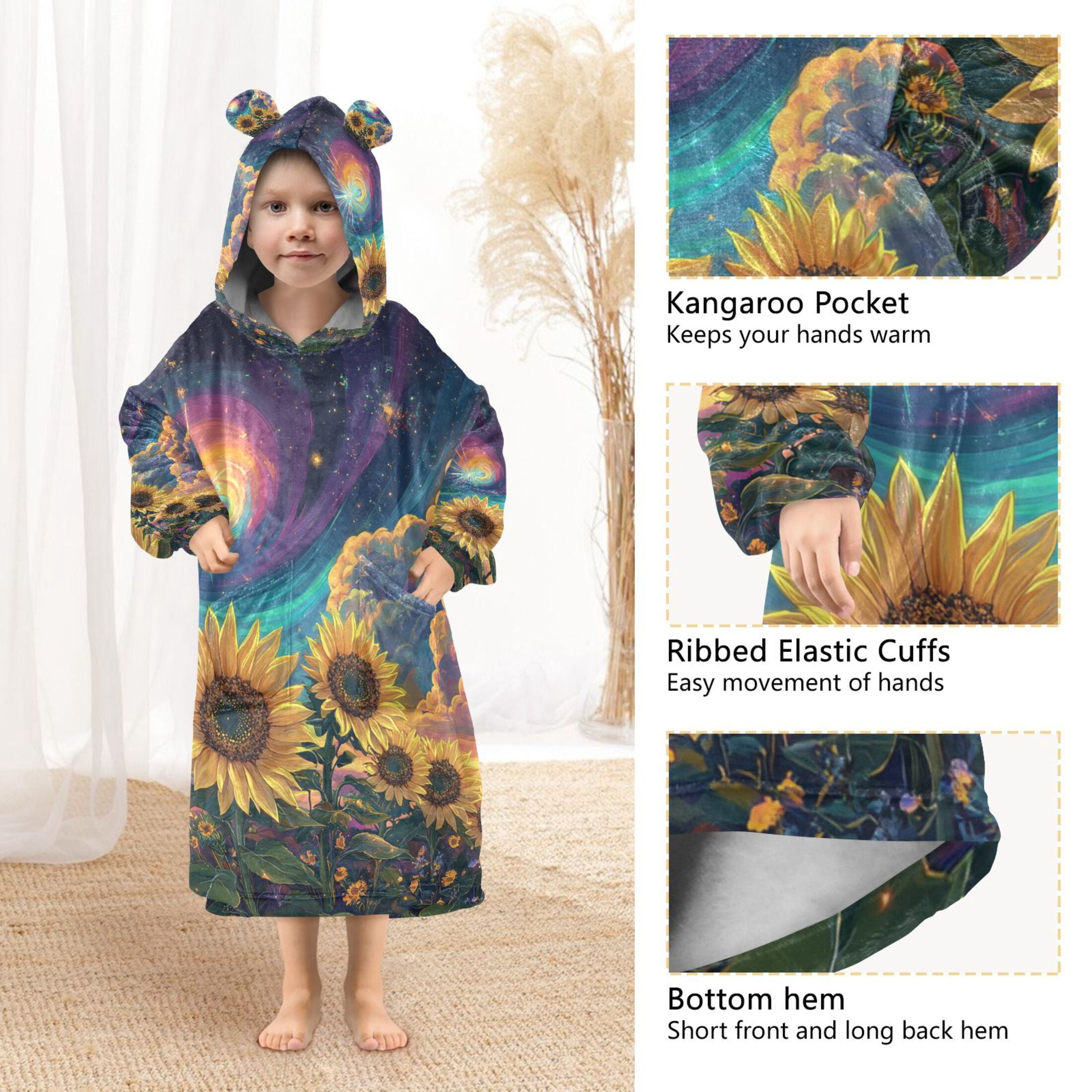 YAZAOO Kids Wearable Blanket Hoodie Warm and Cozy Galactic Sunflower Symphony Flannel Sweatshirt