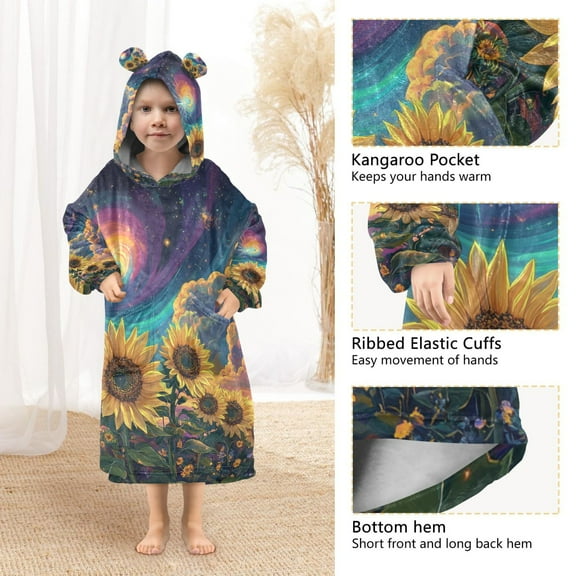 YAZAOO Kids Wearable Blanket Hoodie Warm and Cozy Galactic Sunflower Symphony Flannel Sweatshirt