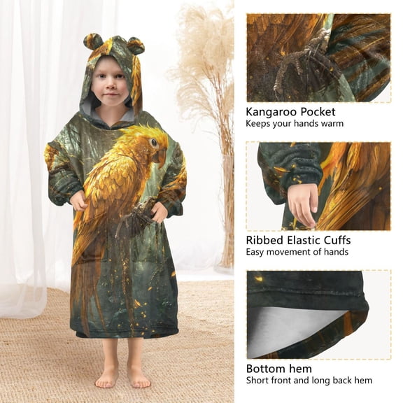 YAZAOO Kids Wearable Blanket Hoodie Warm and Cozy Golden Feathered Majesty Flannel Sweatshirt