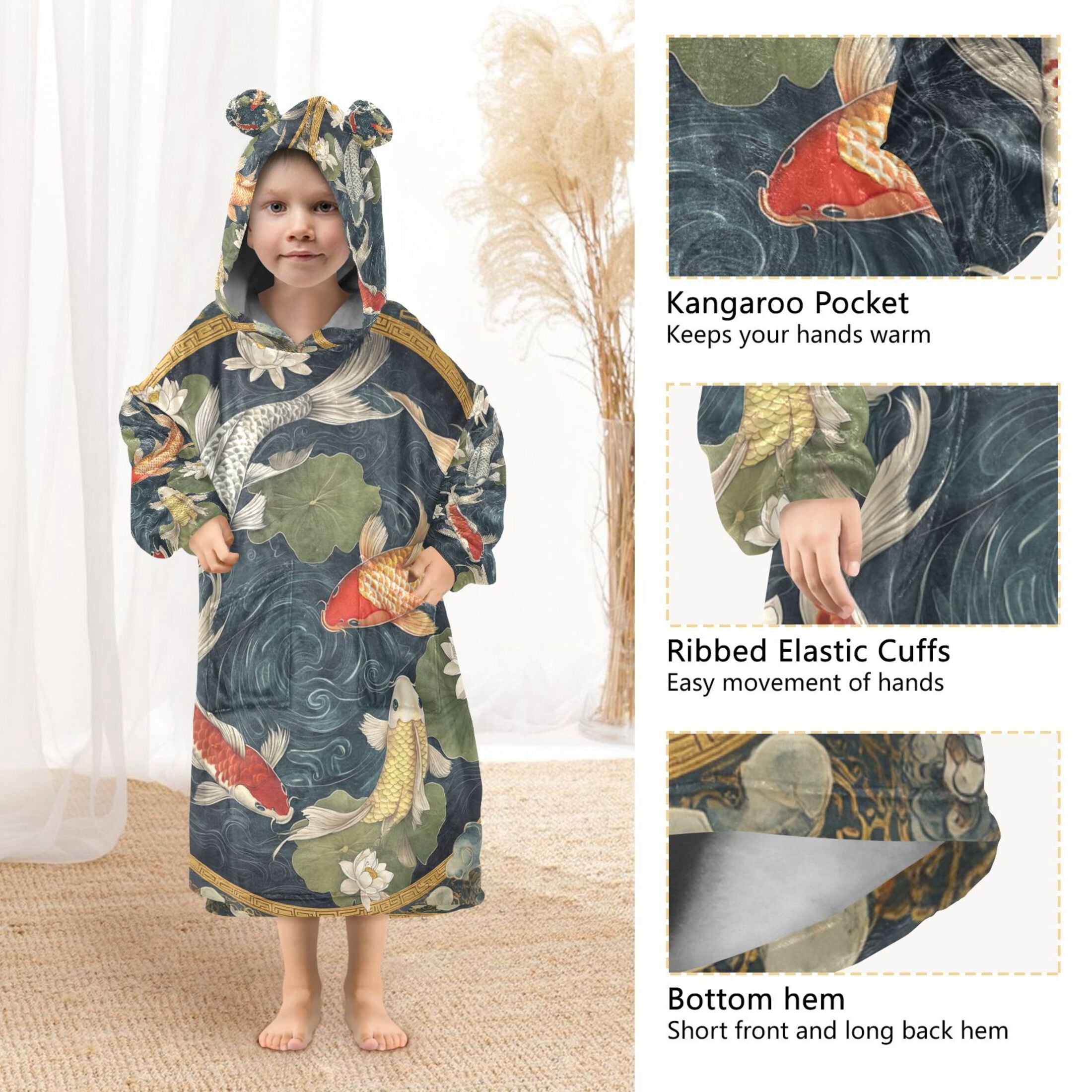 YAZAOO Kids Wearable Blanket Hoodie Warm and Cozy Koi Elegance Flannel Sweatshirt