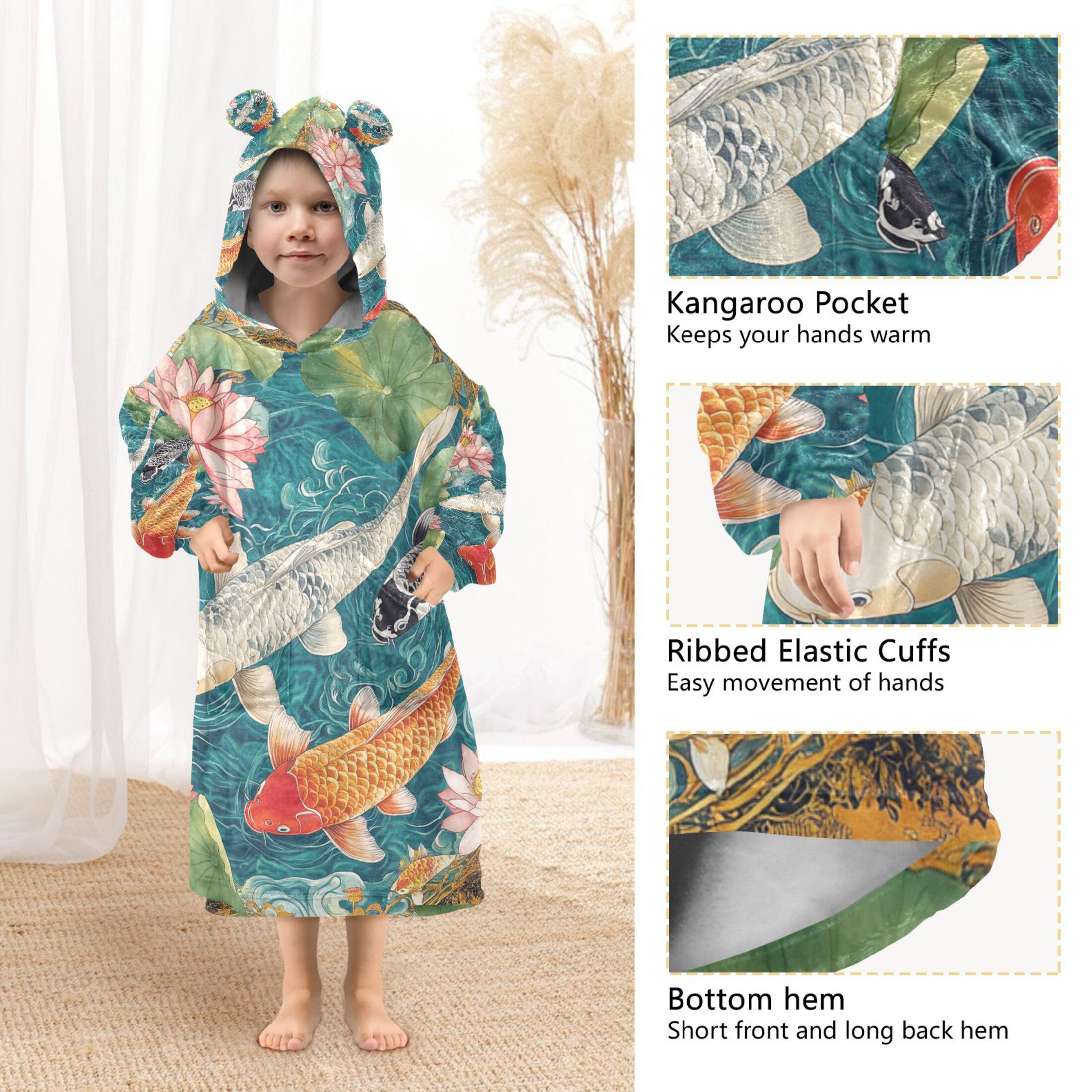 YAZAOO Kids Wearable Blanket Hoodie Warm and Cozy Koi Harmony Flannel Sweatshirt