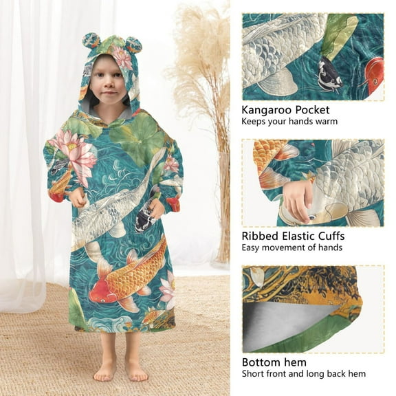 YAZAOO Kids Wearable Blanket Hoodie Warm and Cozy Koi Harmony Flannel Sweatshirt