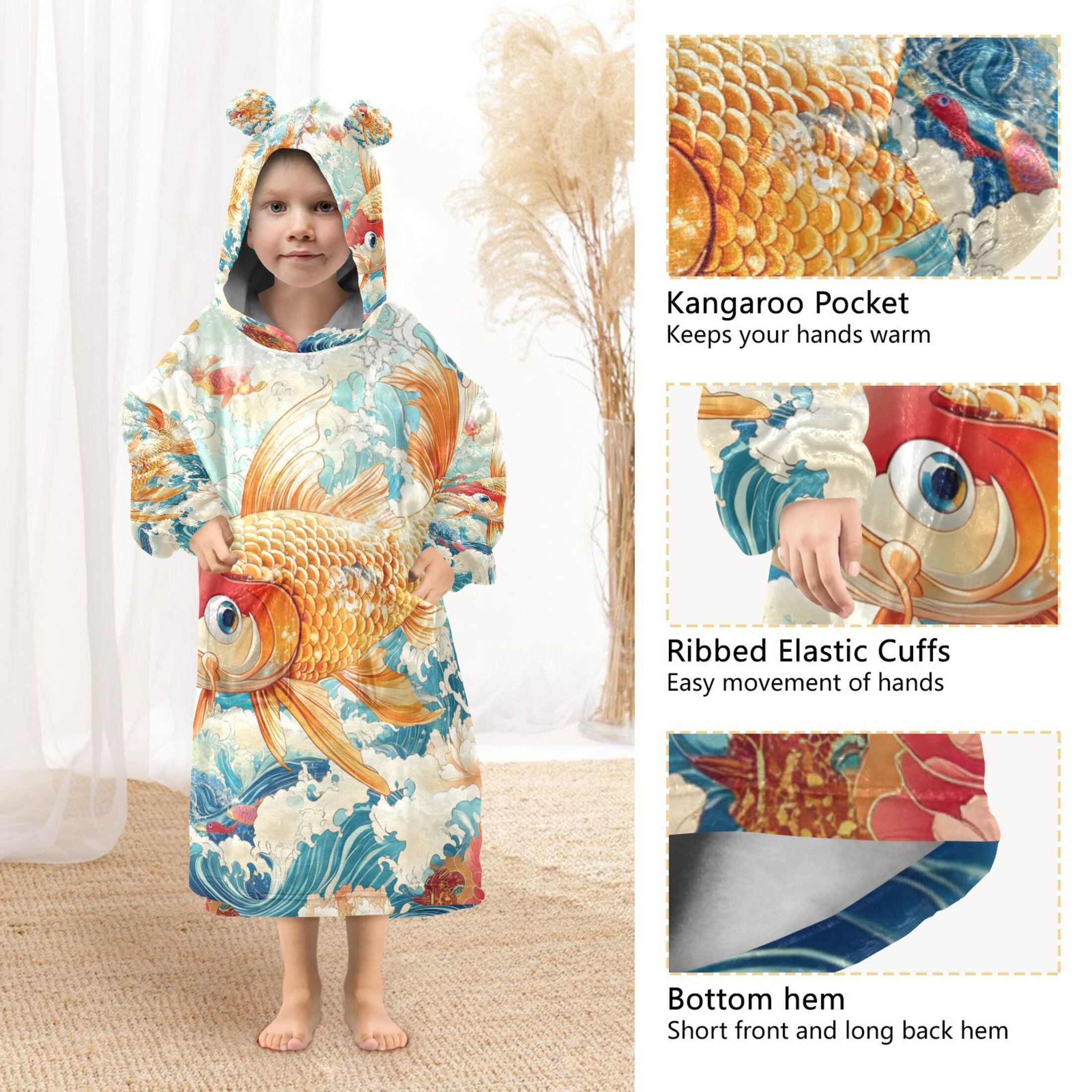 YAZAOO Kids Wearable Blanket Hoodie Warm and Cozy Koi in Bloom Flannel Sweatshirt