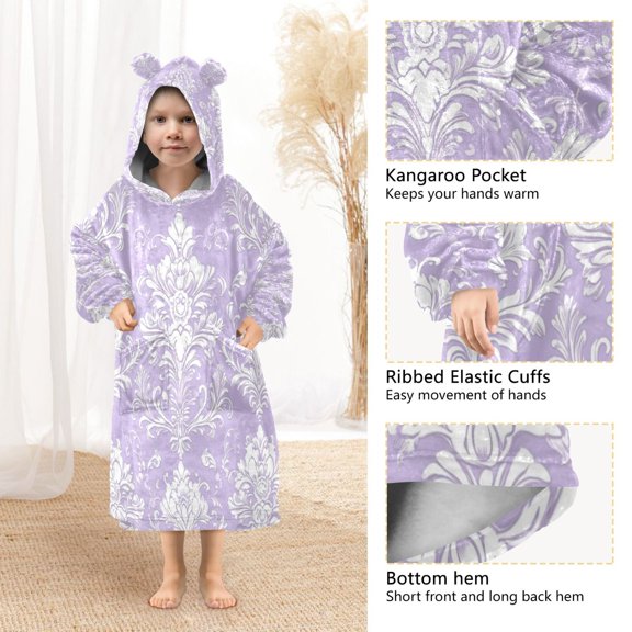 YAZAOO Kids Wearable Blanket Hoodie Warm and Cozy Lavender Lace Patterns Flannel Sweatshirt