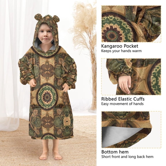 YAZAOO Kids Wearable Blanket Hoodie Warm and Cozy Nature's Mandala Flannel Sweatshirt