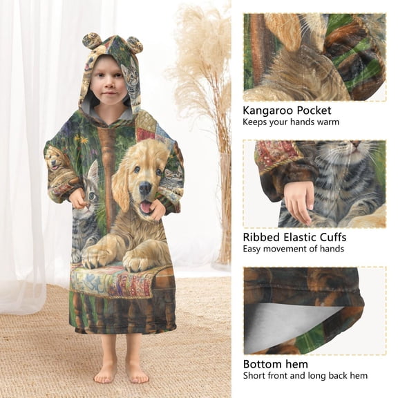 YAZAOO Kids Wearable Blanket Hoodie Warm and Cozy Paws and Petals Flannel Sweatshirt