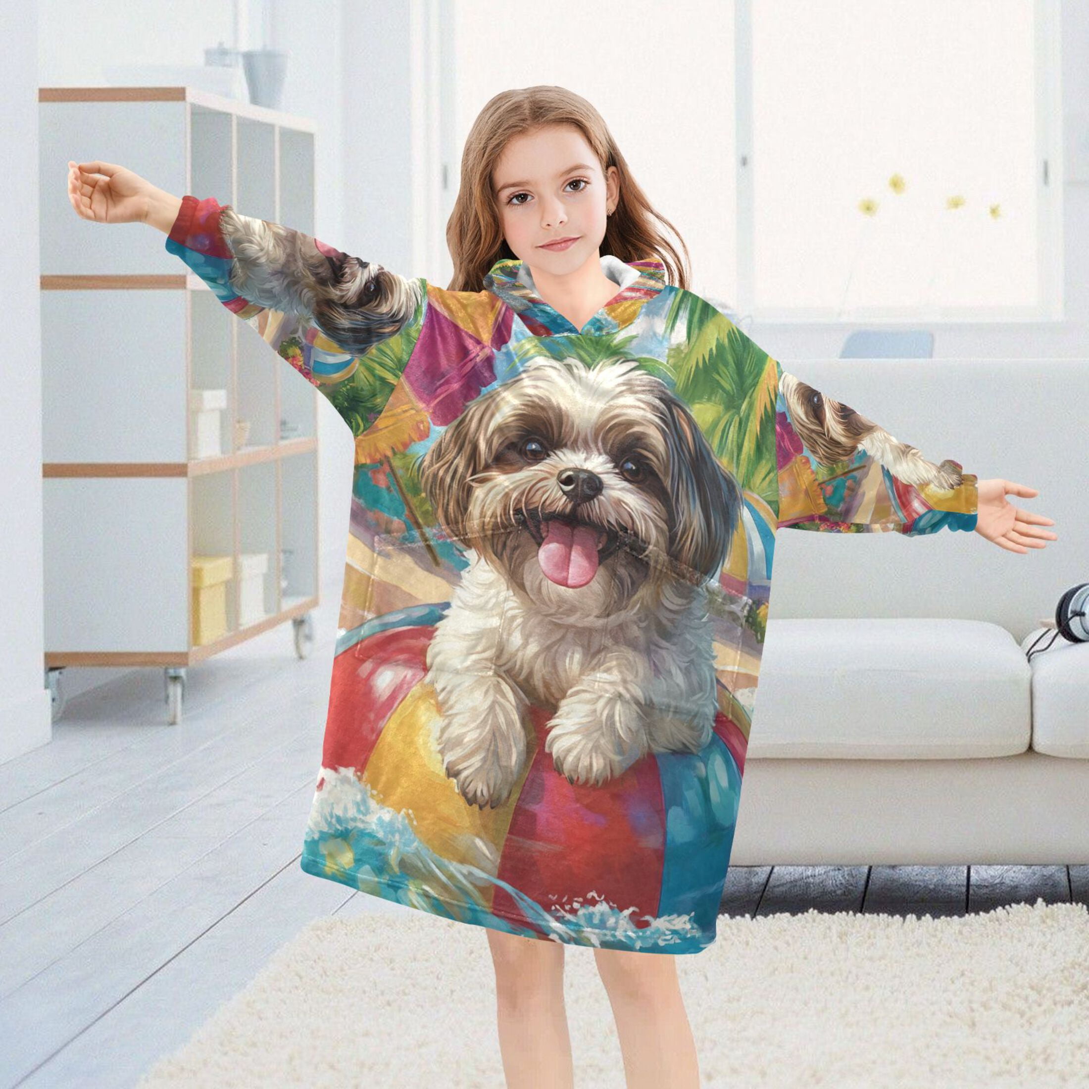 YAZAOO Kids Wearable Blanket Hoodie Warm and Cozy Playful Poolside Pup Flannel Sweatshirt