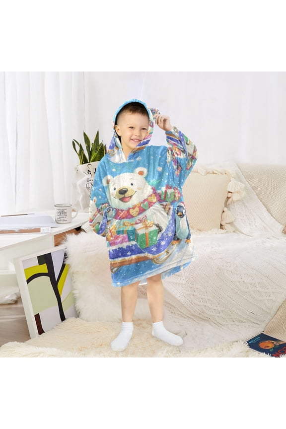 Kids Wearable Blanket Hoodie Warm and Cozy Polar Bear and Penguin Flannel Sweatshirt