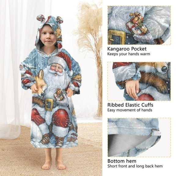 YAZAOO Kids Wearable Blanket Hoodie Warm and Cozy Santa's Woodland Friends Flannel Sweatshirt
