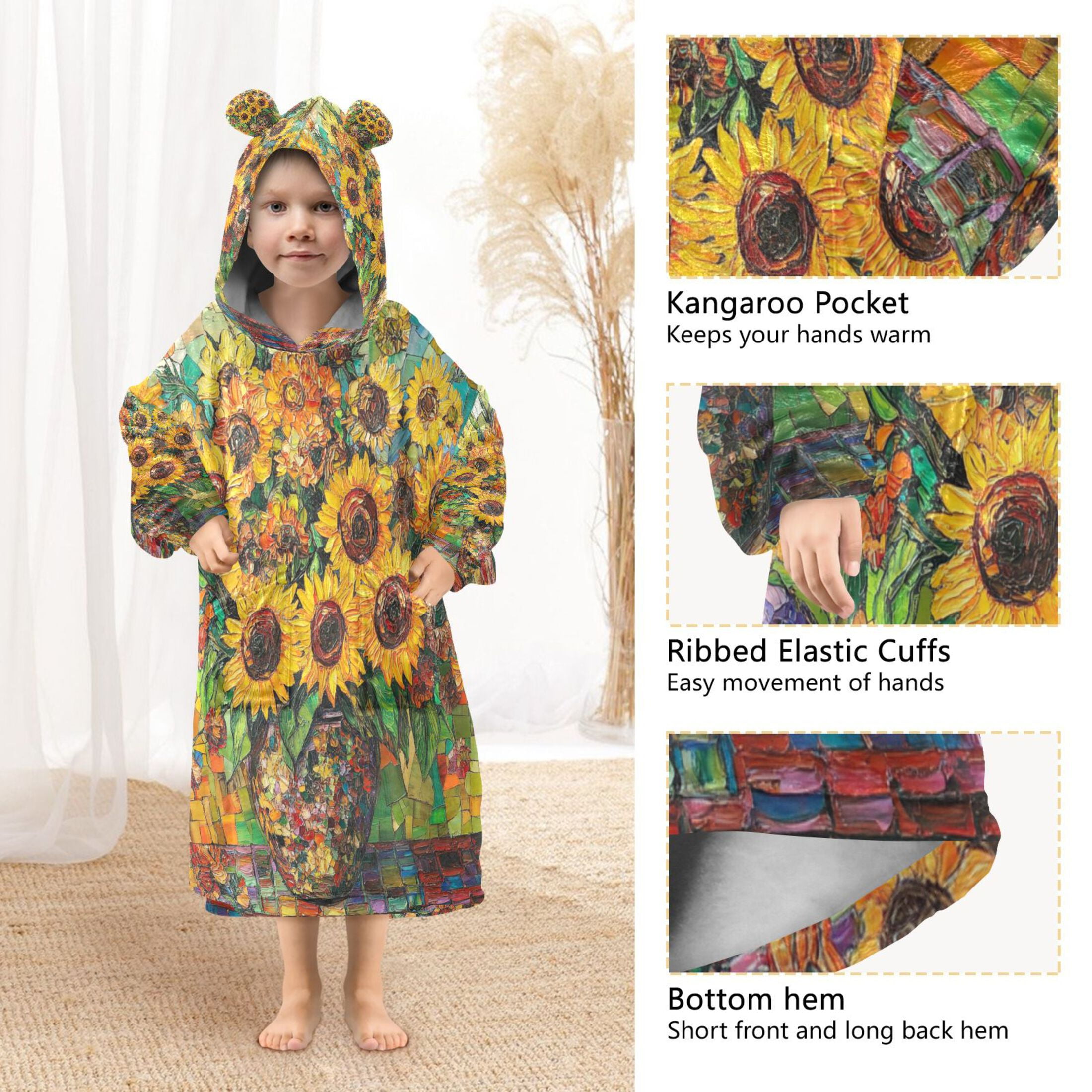 YAZAOO Kids Wearable Blanket Hoodie Warm and Cozy Sunflower Symphony Flannel Sweatshirt