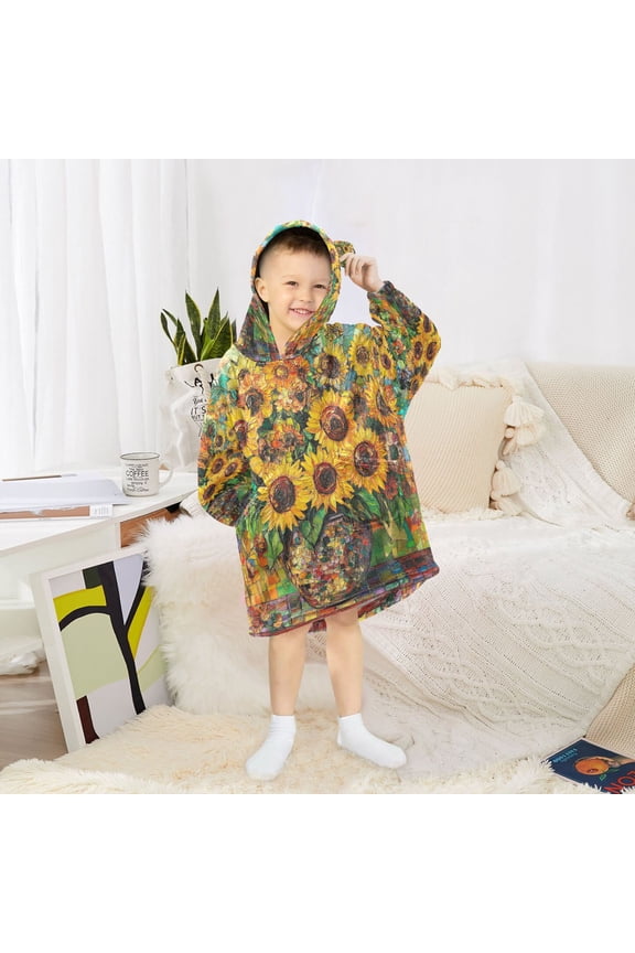 Kids Wearable Blanket Hoodie Warm and Cozy Sunflower Symphony Flannel Sweatshirt