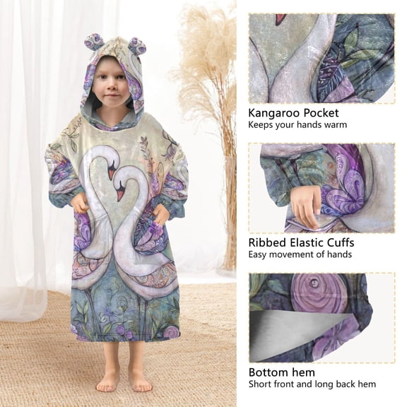 YAZAOO Kids Wearable Blanket Hoodie Warm and Cozy Swan Embrace Flannel Sweatshirt