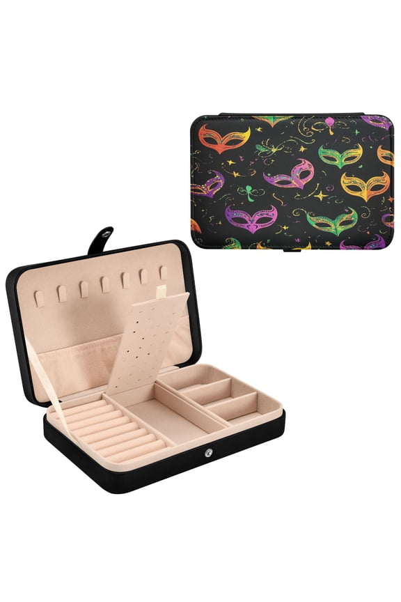 Leather Jewelry Box - Rectangular Carnival Masks Pattern 8.27x5.5x1.78in Black