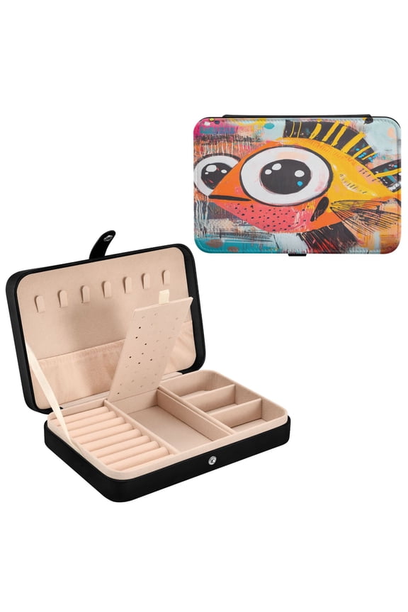 Leather Jewelry Box - Rectangular Cheerful Fin-tastic Pattern 8.27x5.5x1.78in Black