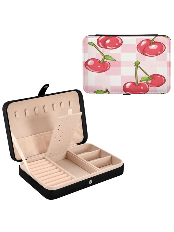 Leather Jewelry Box - Rectangular Cherry Charm Pattern 8.27x5.5x1.78in Black