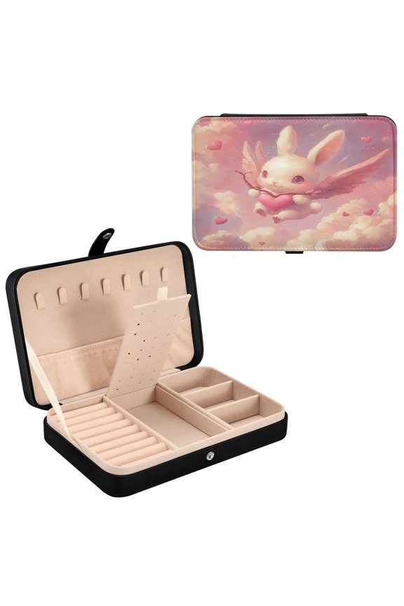 Leather Jewelry Box - Rectangular Cupids Bunny Pattern 8.27x5.5x1.78in Black