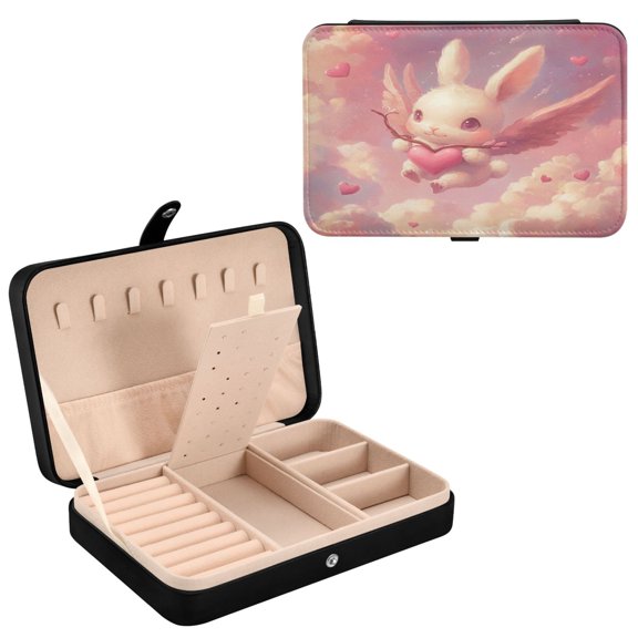 YAZAOO Leather Jewelry Box - Rectangular Cupids Bunny Pattern 8.27x5.5x1.78in Black