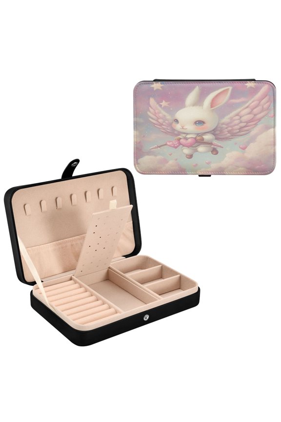 Leather Jewelry Box - Rectangular Cupids Bunny Pattern 8.27x5.5x1.78in Black