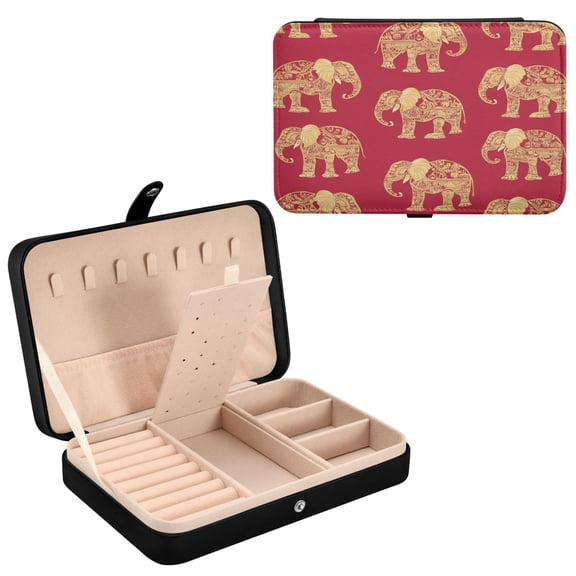YAZAOO Leather Jewelry Box - Rectangular Elephant Elegance on Red Pattern 8.27x5.5x1.78in Black
