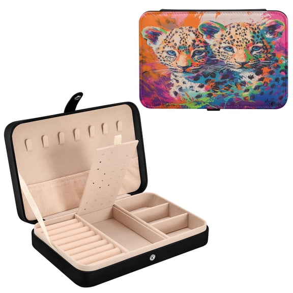 YAZAOO Leather Jewelry Box - Rectangular Playful Lion Parade Pattern 8.27x5.5x1.78in Black