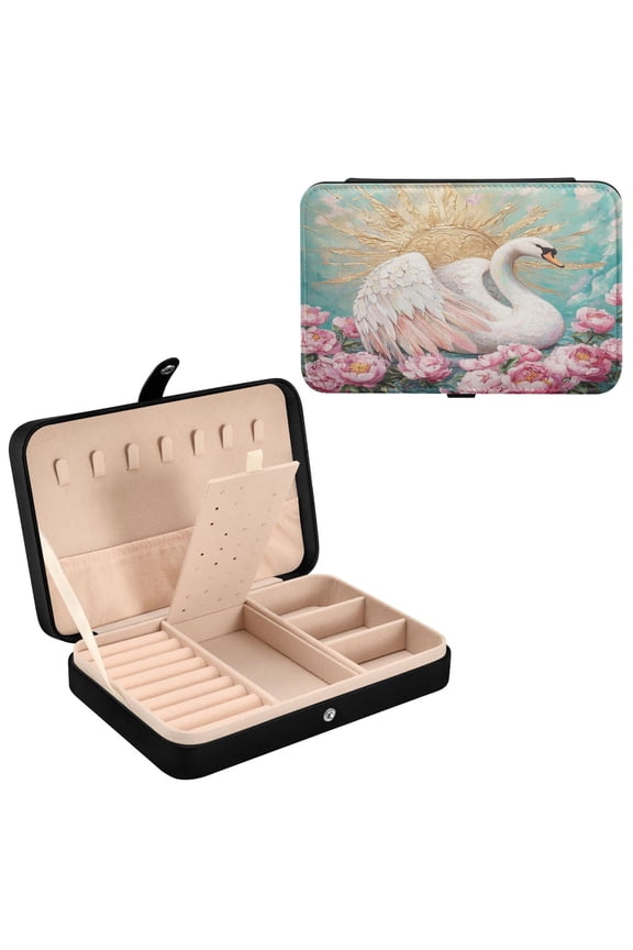Leather Jewelry Box - Rectangular Radiant Swan Serenade Pattern 8.27x5.5x1.78in Black