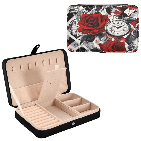 YAZAOO Leather Jewelry Box - Rectangular Red Rose Reverie Pattern 8.27x5.5x1.78in Black