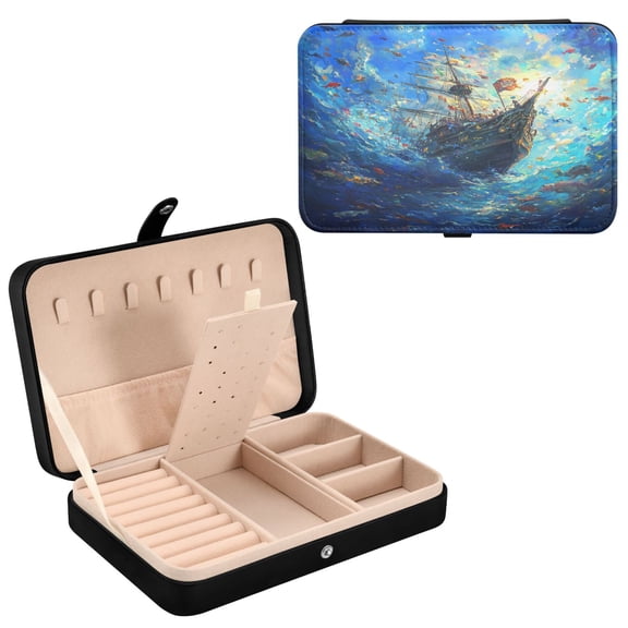 YAZAOO Leather Jewelry Box - Rectangular The Sunken Treasure Pattern 8.27x5.5x1.78in Black