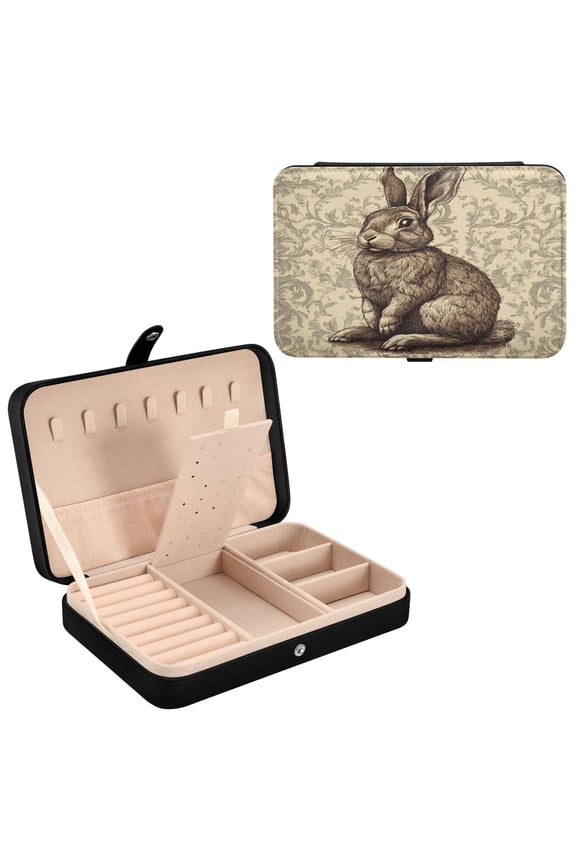 Leather Jewelry Box - Rectangular Timeless Bunny Charm Pattern 8.27x5.5x1.78in Black