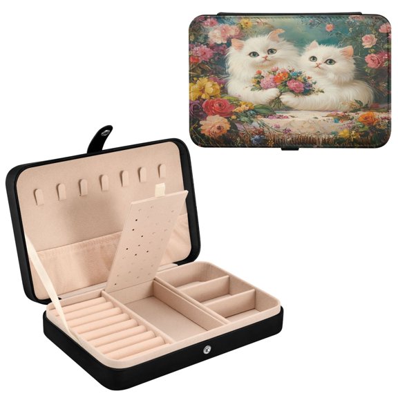 YAZAOO Leather Jewelry Box - Rectangular Twin Blossoms Of Fur Pattern 8.27x5.5x1.78in Black