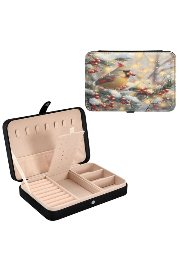 Leather Jewelry Box - Rectangular Winter Cardinal Pattern 8.27x5.5x1.78in Black