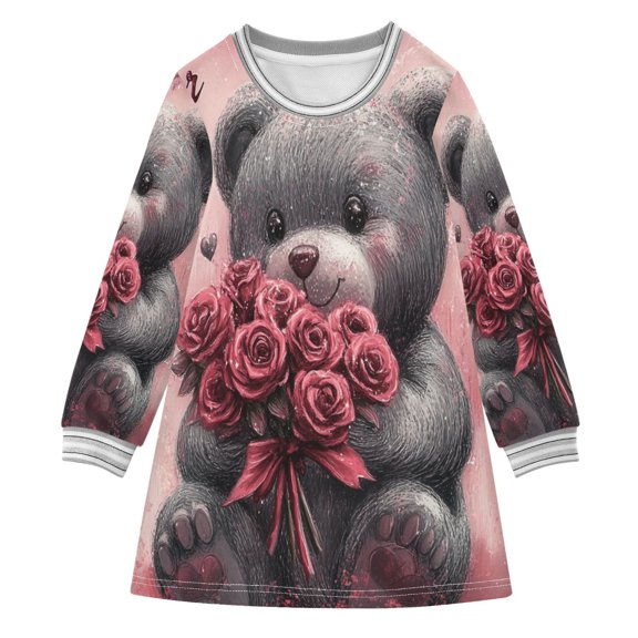 YAZAOO Little Girls Long Sleeved Hoodie A Dresses Bear Holding Rose Classical Creative Pattern