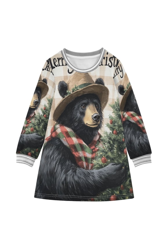 Little Girls Long Sleeved Hoodie A Dresses Black Bear with Christmas Tree Classical Creative Pattern
