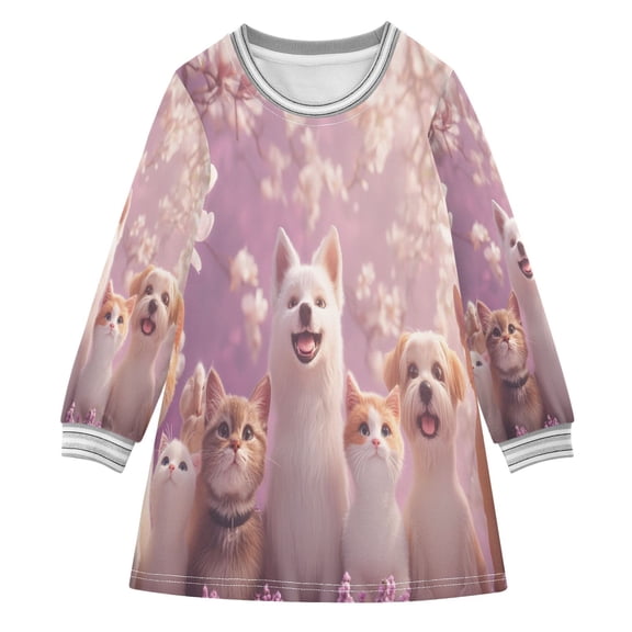 YAZAOO Little Girls Long Sleeved Hoodie A Dresses Cats and Dogs with Flowers Classical Creative Pattern