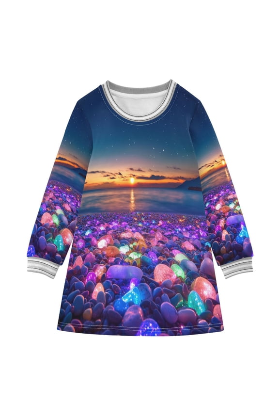 Little Girls Long Sleeved Hoodie A Dresses Colorful Beach with Glowing Pebbles Classical Creative Pattern