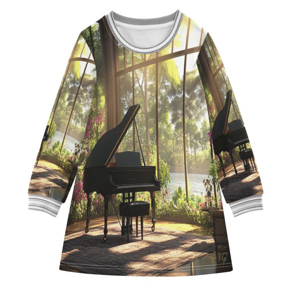 YAZAOO Little Girls Long Sleeved Hoodie A Dresses Grand Piano in Sunlit Room Classical Creative Pattern