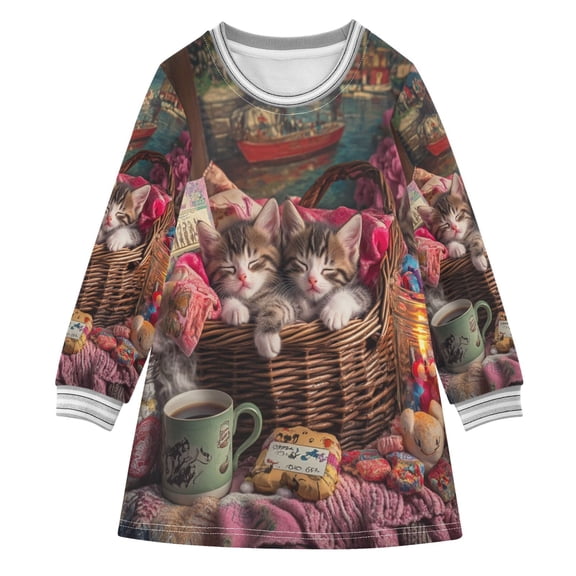 YAZAOO Little Girls Long Sleeved Hoodie A Dresses Kittens in A Cozy Basket Classical Creative Pattern