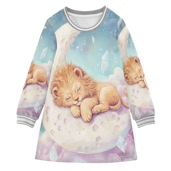 YAZAOO Little Girls Long Sleeved Hoodie A Dresses Lion Cub Sleeping on Moon Classical Creative Pattern