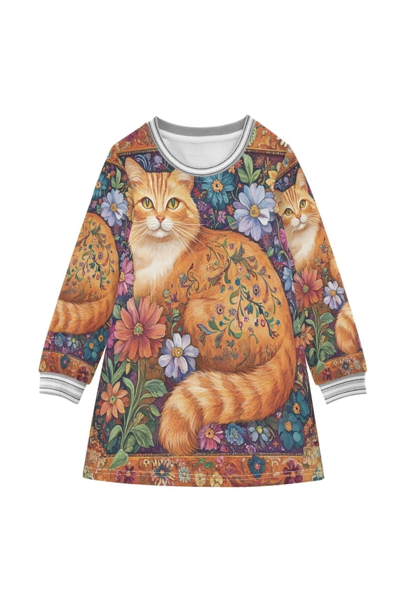 Little Girls Long Sleeved Hoodie A Dresses Orange Cat Classical Creative Pattern