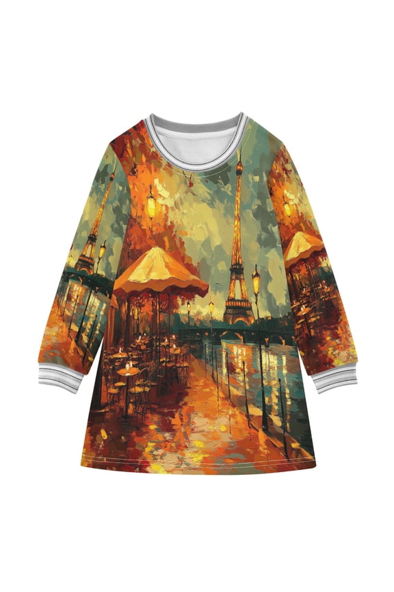 Little Girls Long Sleeved Hoodie A Dresses Paris Street Evening Scene Classical Creative Pattern