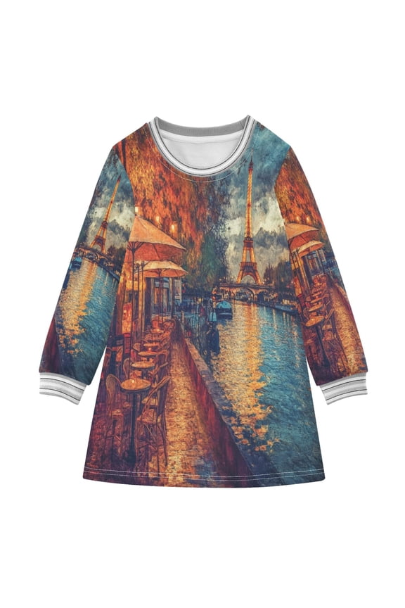 Little Girls Long Sleeved Hoodie A Dresses Parisian Cafes Along The Seine Classical Creative Pattern