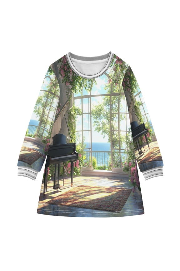 Little Girls Long Sleeved Hoodie A Dresses Piano in Floral Room Ocean Classical Creative Pattern