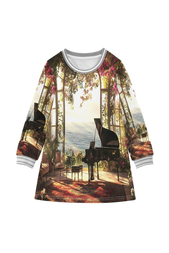 Little Girls Long Sleeved Hoodie A Dresses Piano in Floral Room Seaside Classical Creative Pattern