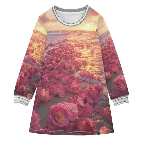 YAZAOO Little Girls Long Sleeved Hoodie A Dresses Pink Flowers on Beach Sunset Classical Creative Pattern