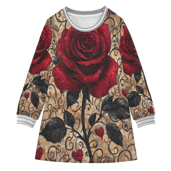 YAZAOO Little Girls Long Sleeved Hoodie A Dresses Red Rose Pattern Classical Creative Pattern