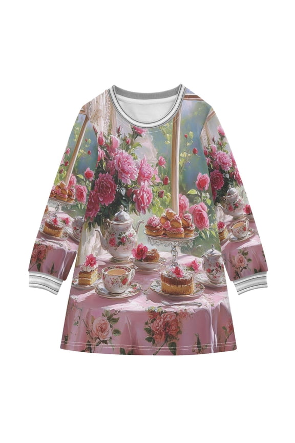 Little Girls Long Sleeved Hoodie A Dresses Tea Set with Pink Roses Classical Creative Pattern