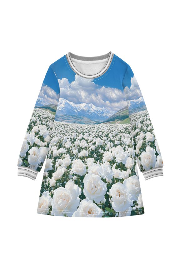 Little Girls Long Sleeved Hoodie A Dresses White Roses Snowy Mountains Sky Classical Creative Pattern