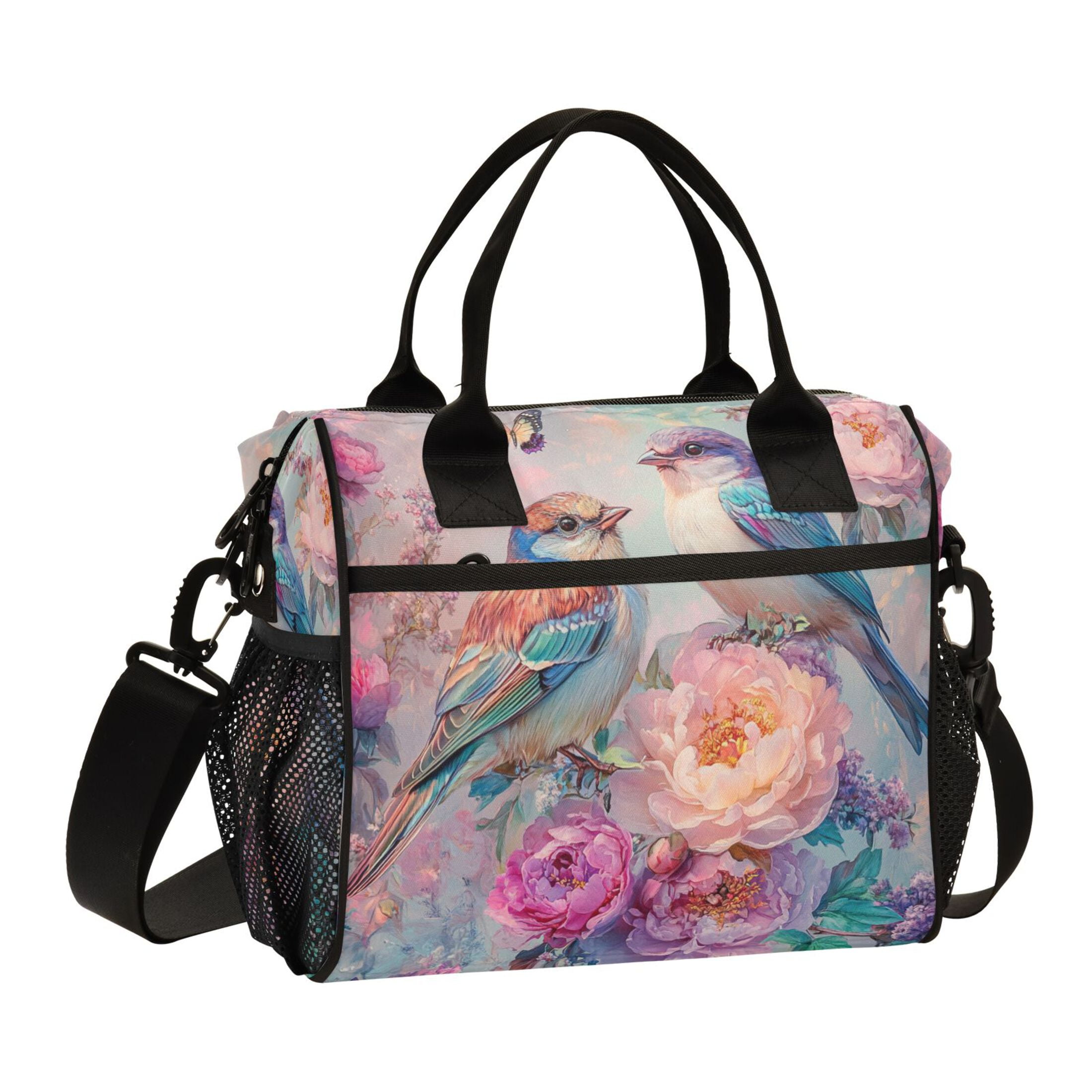 YAZAOO Lunch Bag Creative Butterflies Colorful Birds Flowers Cooler bag with Shoulder Strap