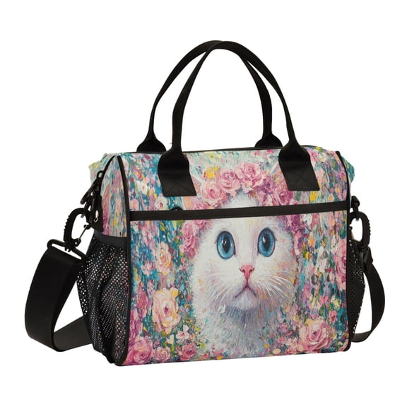 YAZAOO Lunch Bag Creative Cat Surrounded by Pink Roses Cooler bag with Shoulder Strap