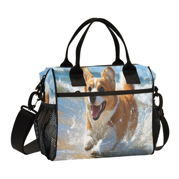 YAZAOO Lunch Bag Creative Corgi Running on Beach Cooler bag with Shoulder Strap